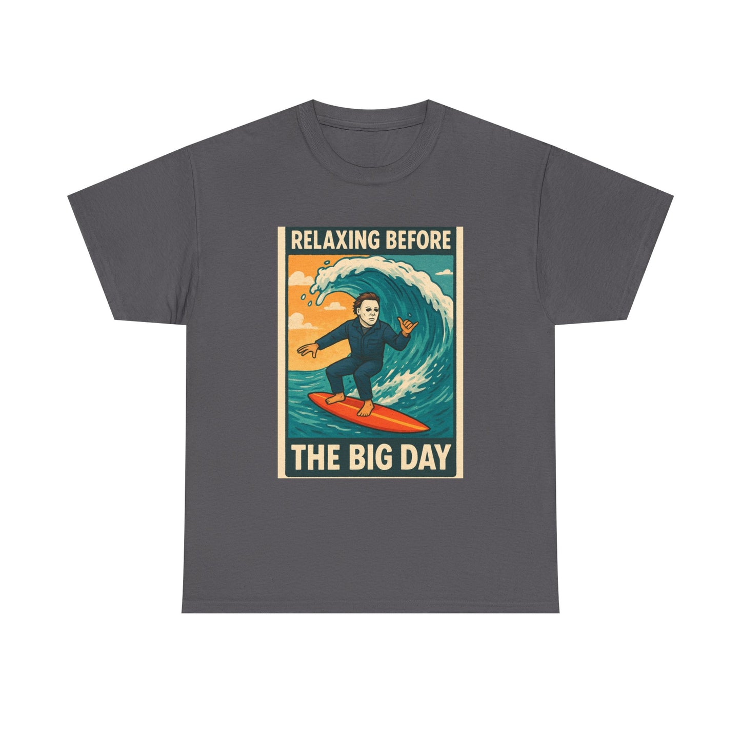 Halloween Michael Myers Surfing Tee, Horror Movie Funny Graphic Shirt, Unisex Beach Vacation Top, Scary Halloween Costume Apparel, Creepy