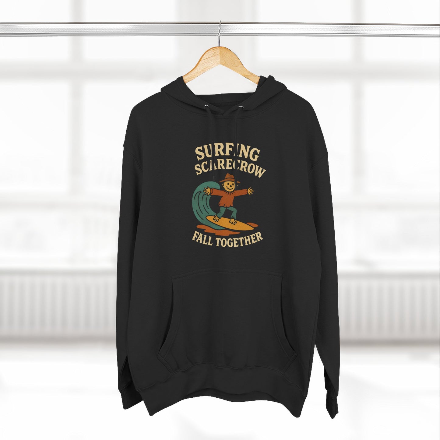Surfing Scarecrow Fleece Hoodie for Fall Season and Halloween, Three-Panel Sweatshirt, Autumn Jacket, Halloween Costume, Fall Fashion,