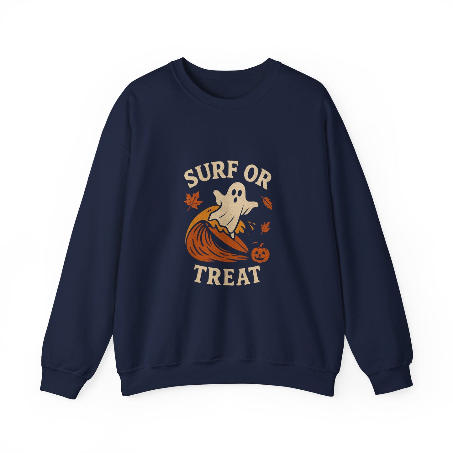 Halloween Ghost Surf Sweatshirt, Cozy Unisex Crewneck, Cute Fall Apparel, Trick or Treat Gift, Spooky Season Outfit