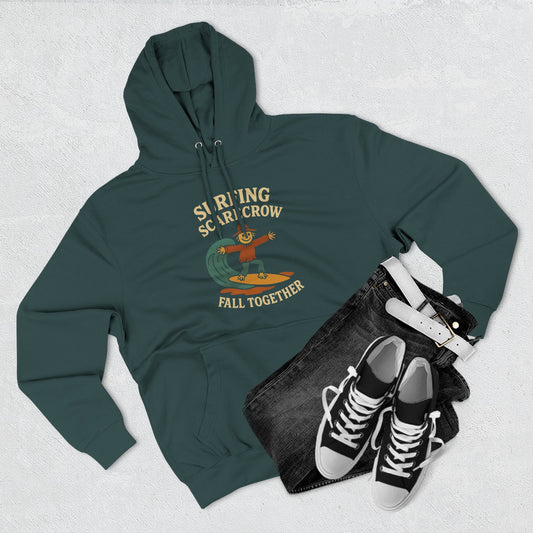 Surfing Scarecrow Fleece Hoodie for Fall Season and Halloween, Three-Panel Sweatshirt, Autumn Jacket, Halloween Costume, Fall Fashion,