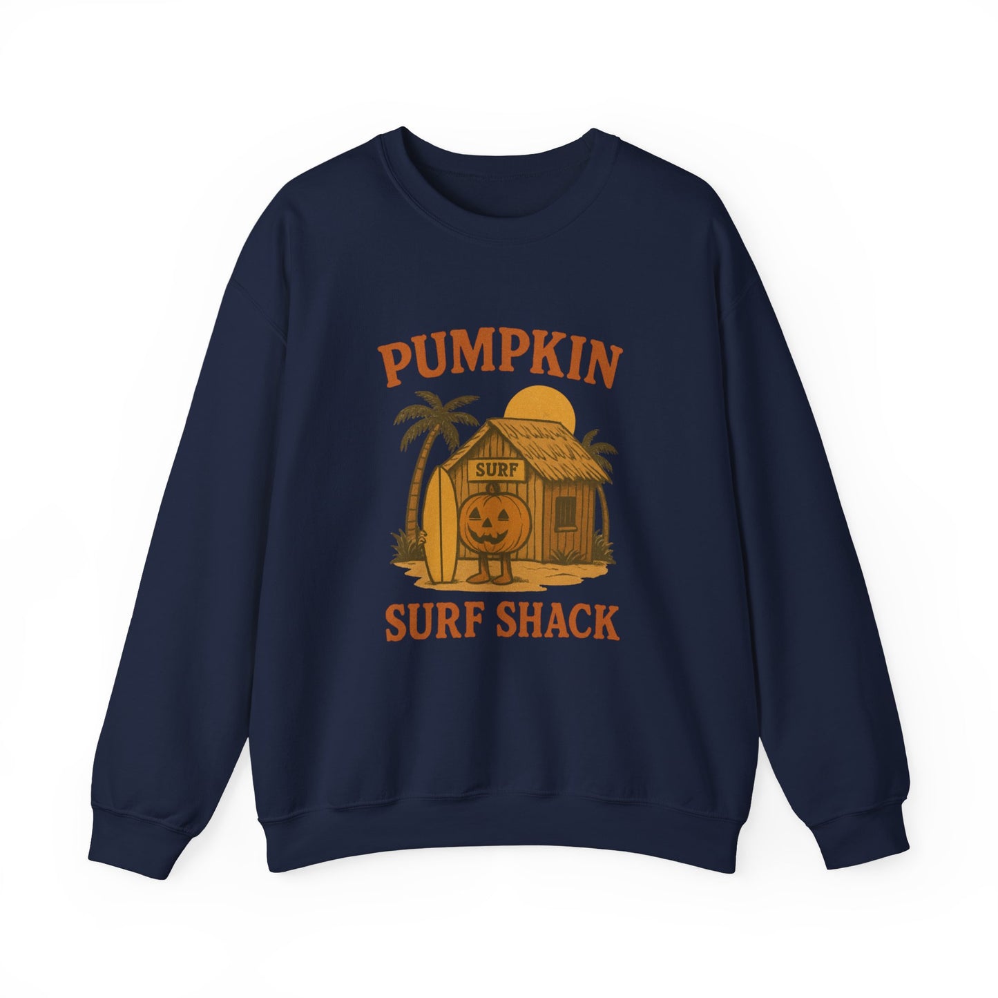 Pumpkin Surf Shack Crewneck Sweatshirt, Cozy Fall Sweatshirt, Unisex Halloween Apparel, Casual Autumn Fashion, Surf Themed Gift
