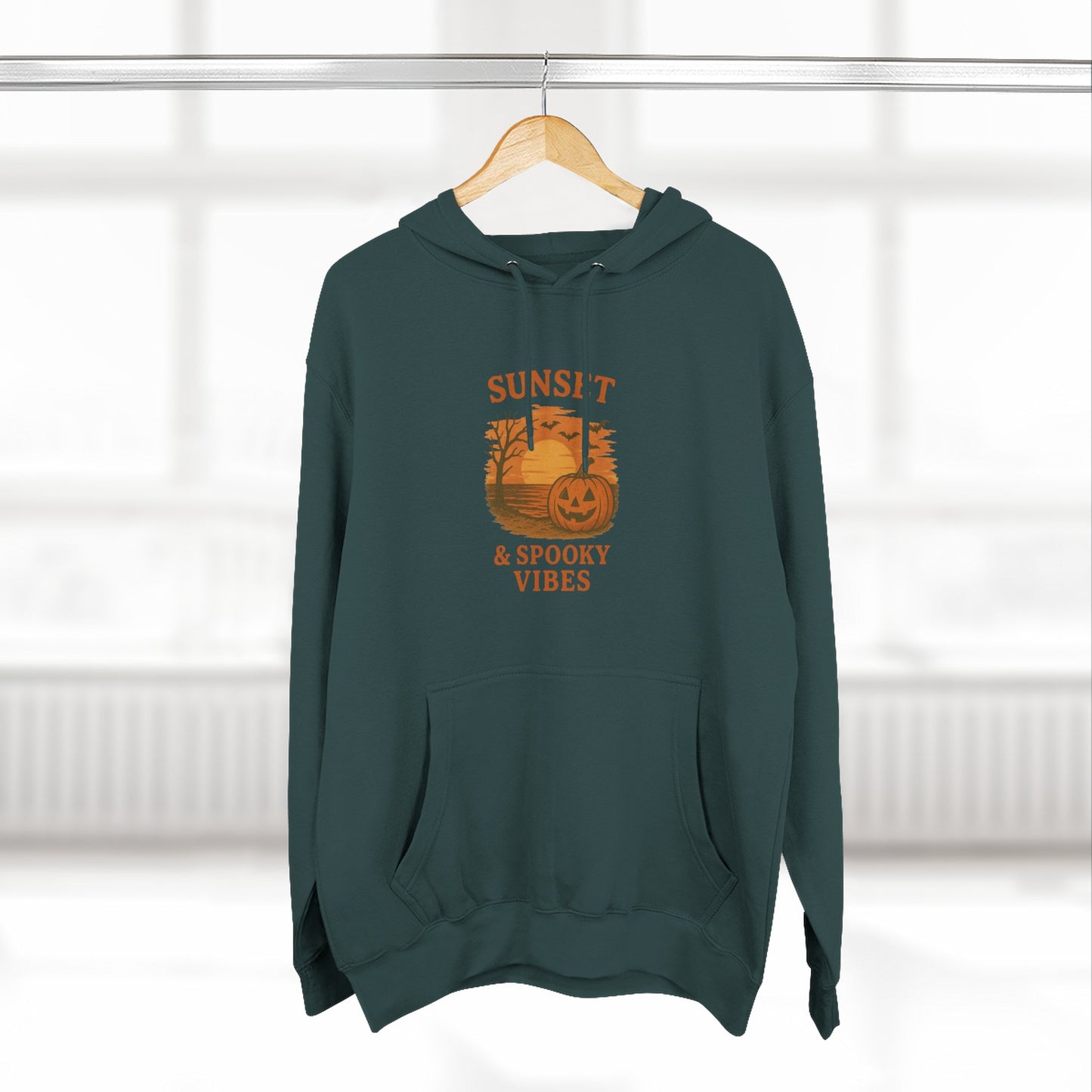 Cozy Halloween Hoodie, Spooky Sunset Fleece Pullover for Fall, Pumpkin Illustrative Sweater, Autumn Gift, Halloween Outfit