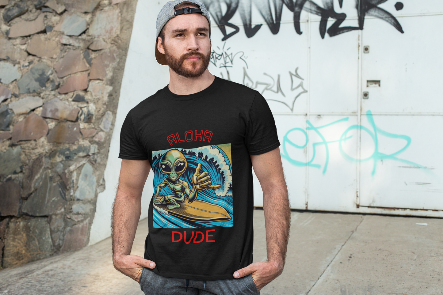 Aloha Dude Alien Surfing T-Shirt, fun tees, silly tees, surfing t-shirts, alien theme