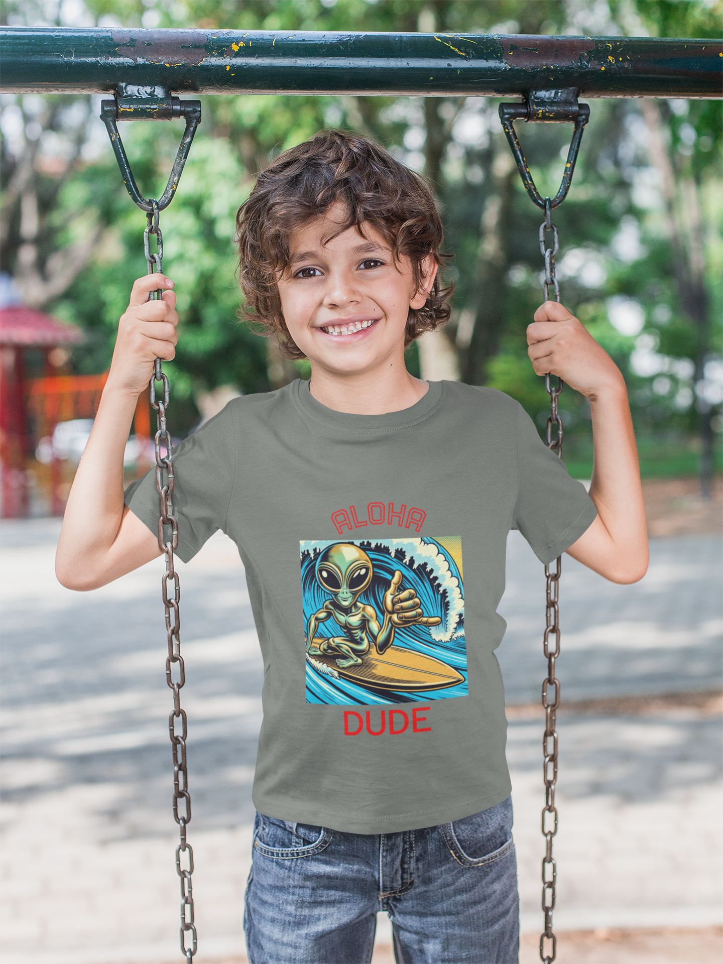 Aloha Dude Alien Surfing T-Shirt, fun tees, silly tees, surfing t-shirts, alien theme
