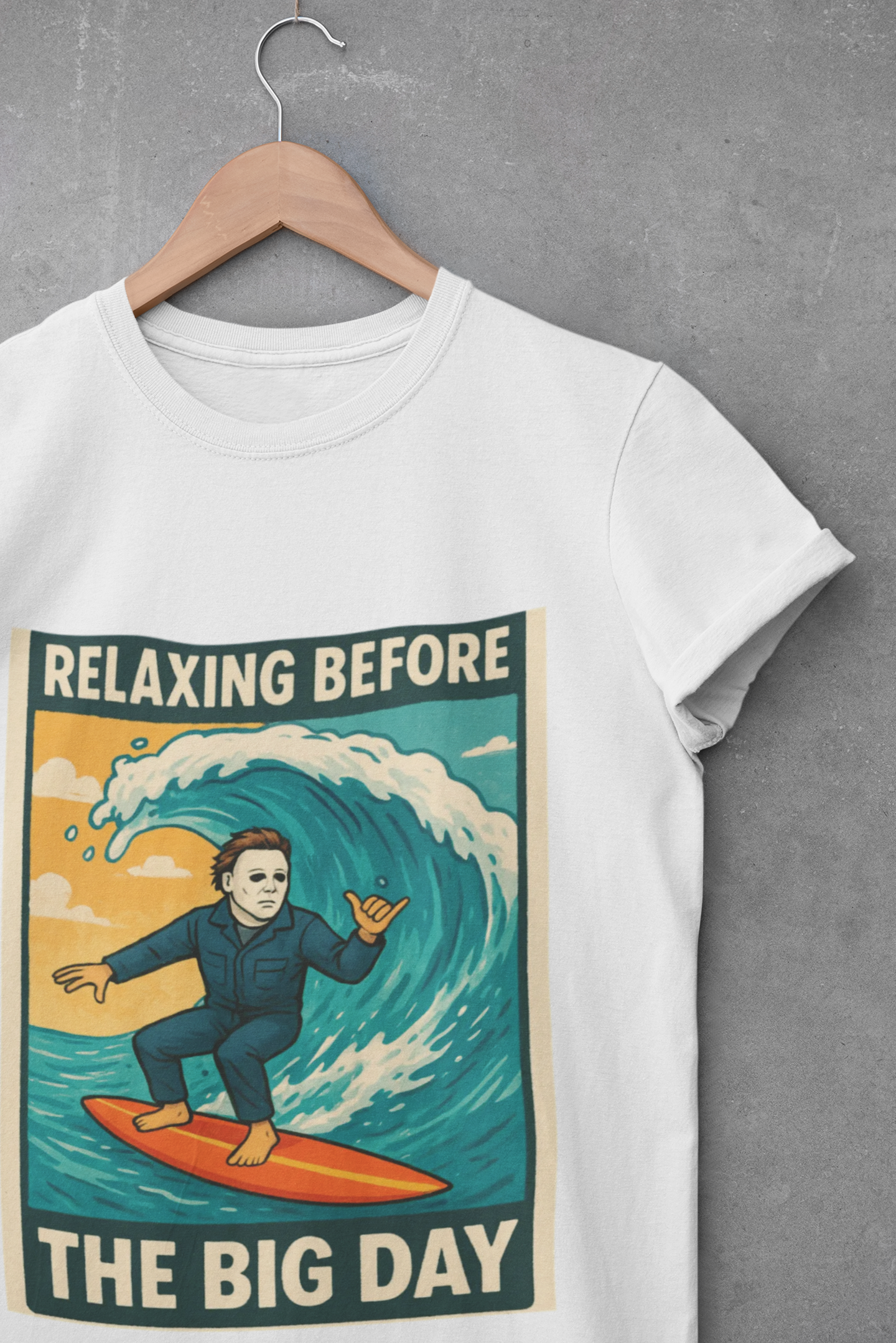 Halloween Michael Myers Surfing Tee, Horror Movie Funny Graphic Shirt, Unisex Beach Vacation Top, Scary Halloween Costume Apparel, Creepy