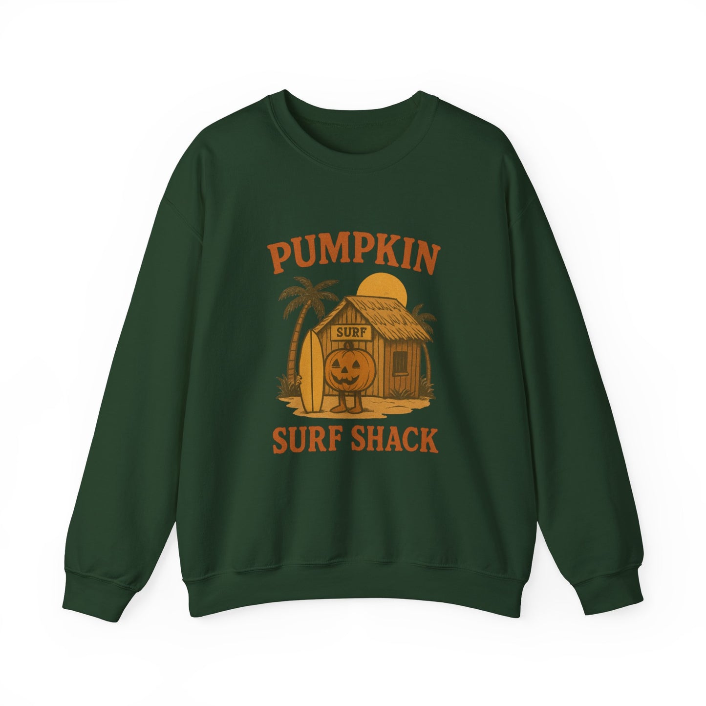 Pumpkin Surf Shack Crewneck Sweatshirt, Cozy Fall Sweatshirt, Unisex Halloween Apparel, Casual Autumn Fashion, Surf Themed Gift