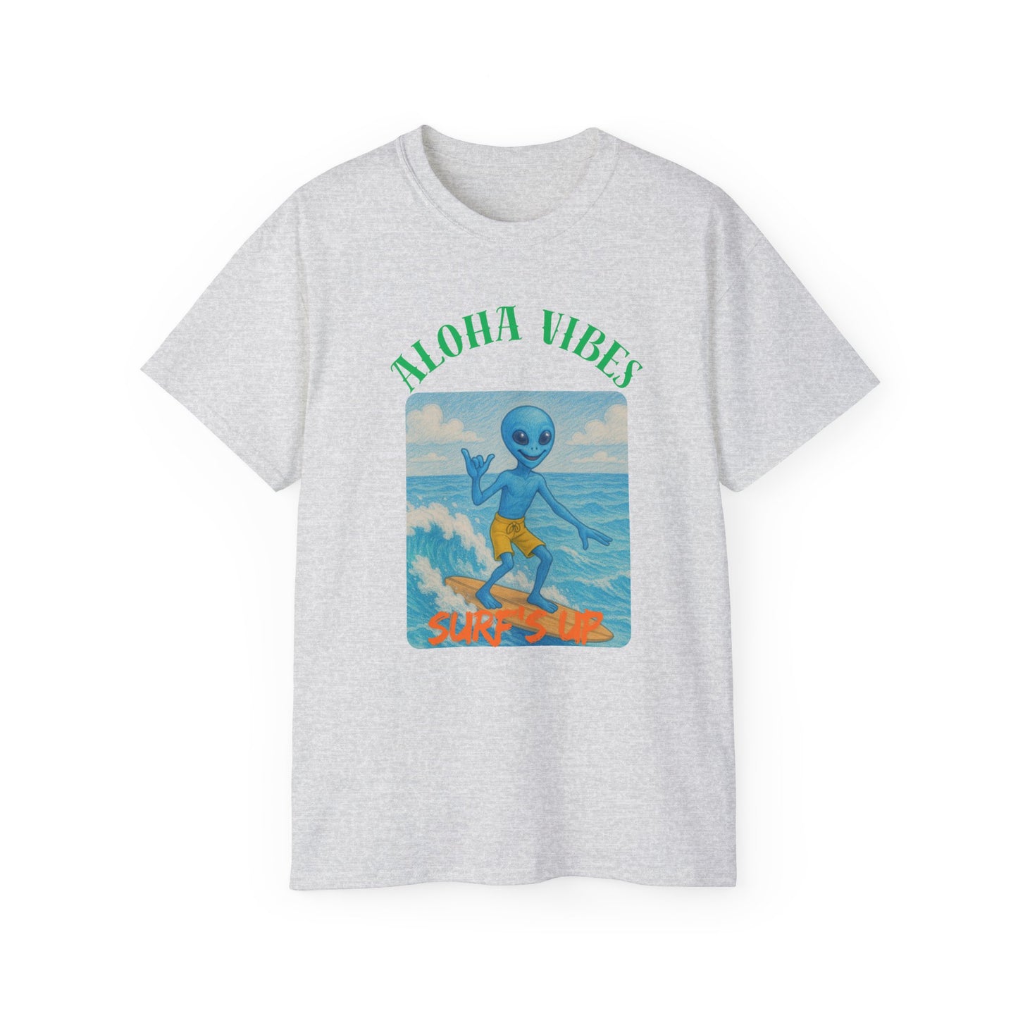 Aloha Vibes Alien Surfing T-Shirt, fun tees, silly tees, summer wear, alien theme, aloha