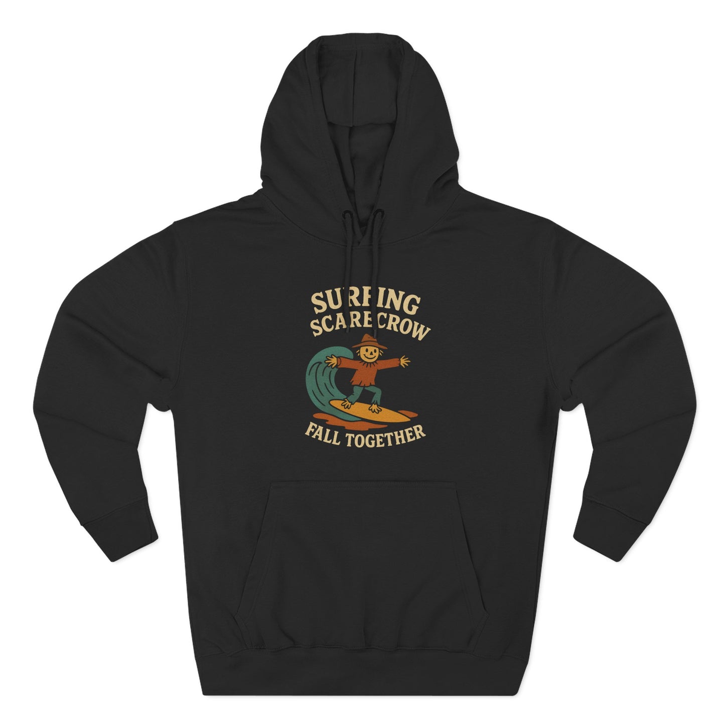 Surfing Scarecrow Fleece Hoodie for Fall Season and Halloween, Three-Panel Sweatshirt, Autumn Jacket, Halloween Costume, Fall Fashion,