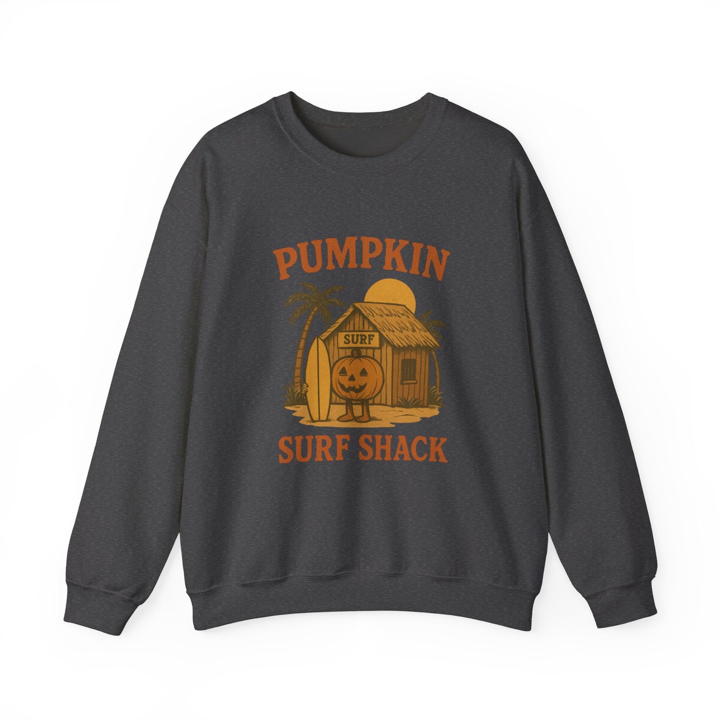 Pumpkin Surf Shack Crewneck Sweatshirt, Cozy Fall Sweatshirt, Unisex Halloween Apparel, Casual Autumn Fashion, Surf Themed Gift