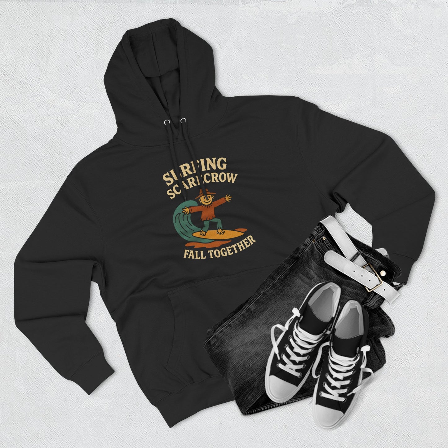 Surfing Scarecrow Fleece Hoodie for Fall Season and Halloween, Three-Panel Sweatshirt, Autumn Jacket, Halloween Costume, Fall Fashion,