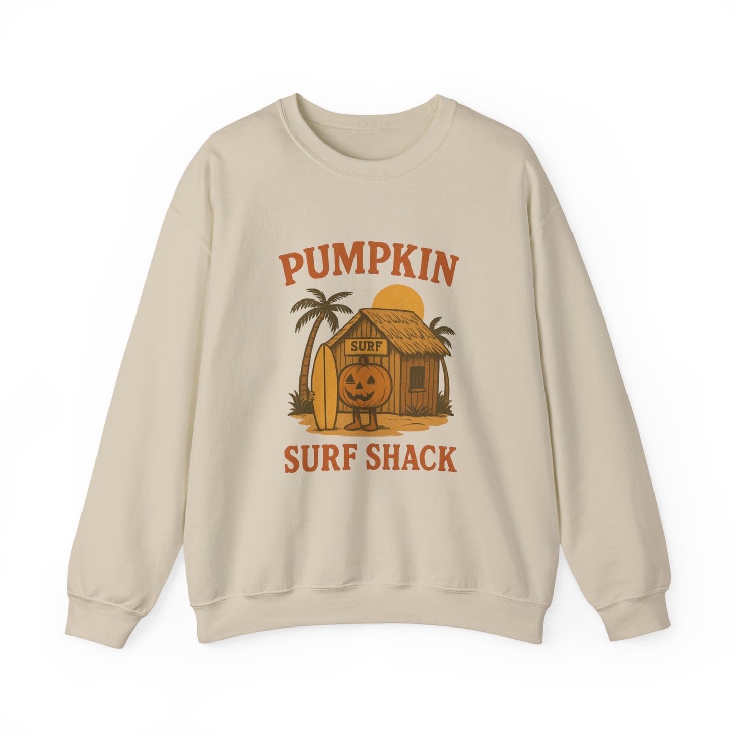Pumpkin Surf Shack Crewneck Sweatshirt, Cozy Fall Sweatshirt, Unisex Halloween Apparel, Casual Autumn Fashion, Surf Themed Gift
