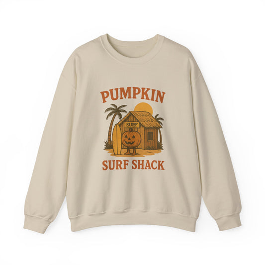 Pumpkin Surf Shack Crewneck Sweatshirt, Cozy Fall Sweatshirt, Unisex Halloween Apparel, Casual Autumn Fashion, Surf Themed Gift