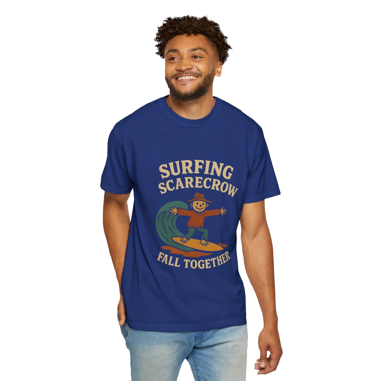 Surfing Scarecrow Unisex T-shirt - Vintage Fall Vibe, Perfect for Beach Days, Casual Outfits, Halloween, and Gifts