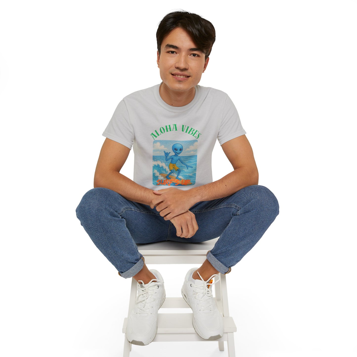 Aloha Vibes Alien Surfing T-Shirt, fun tees, silly tees, summer wear, alien theme, aloha