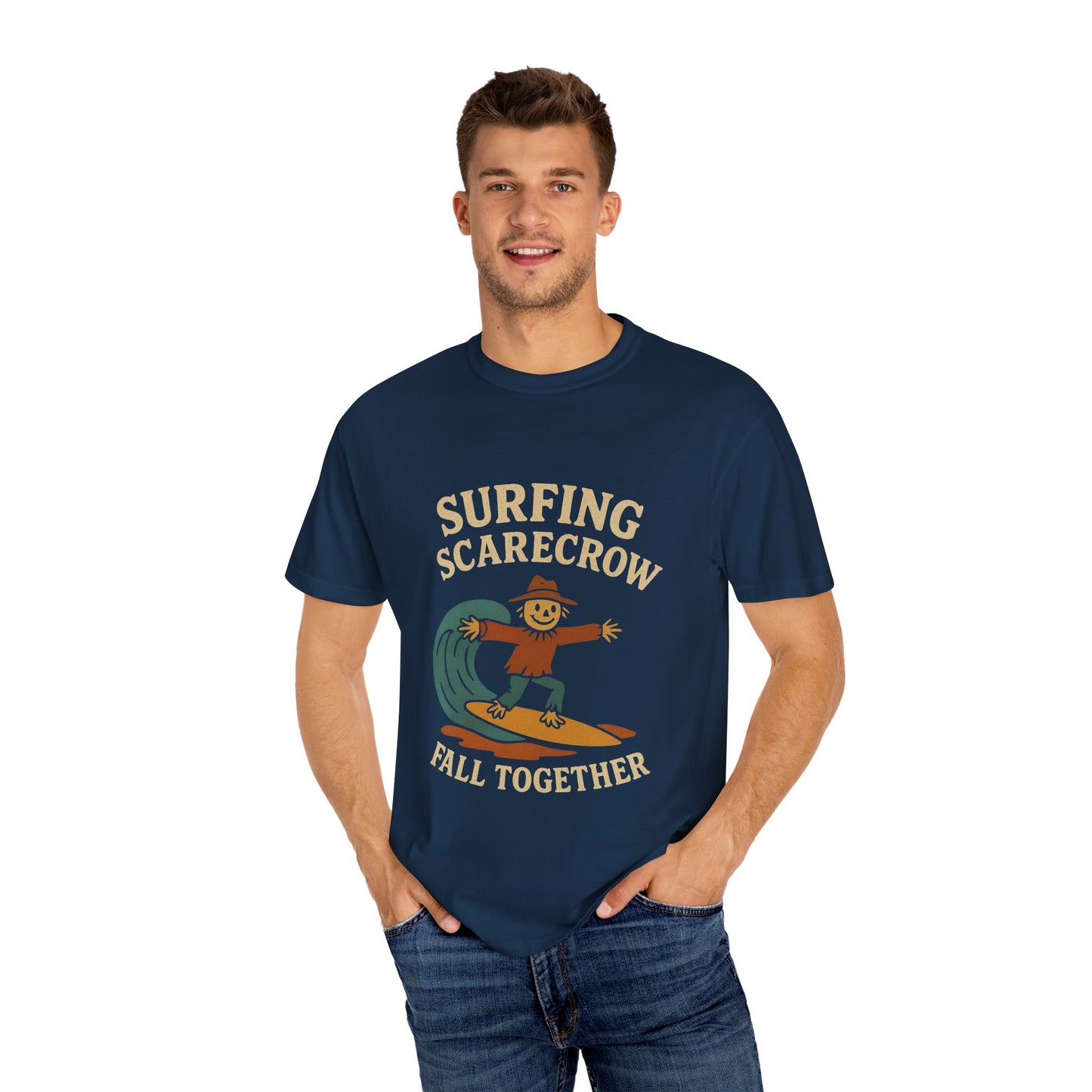 Surfing Scarecrow Unisex T-shirt - Vintage Fall Vibe, Perfect for Beach Days, Casual Outfits, Halloween, and Gifts