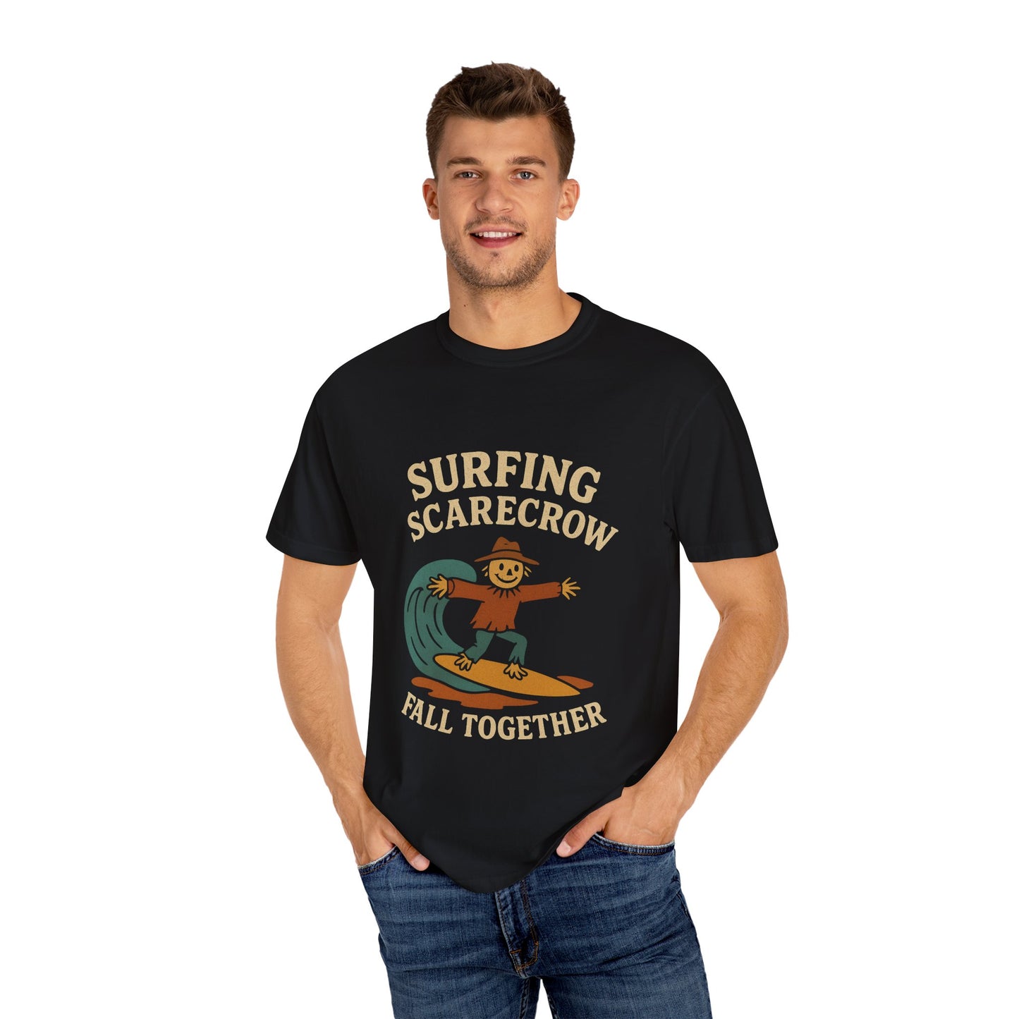 Surfing Scarecrow Unisex T-shirt - Vintage Fall Vibe, Perfect for Beach Days, Casual Outfits, Halloween, and Gifts