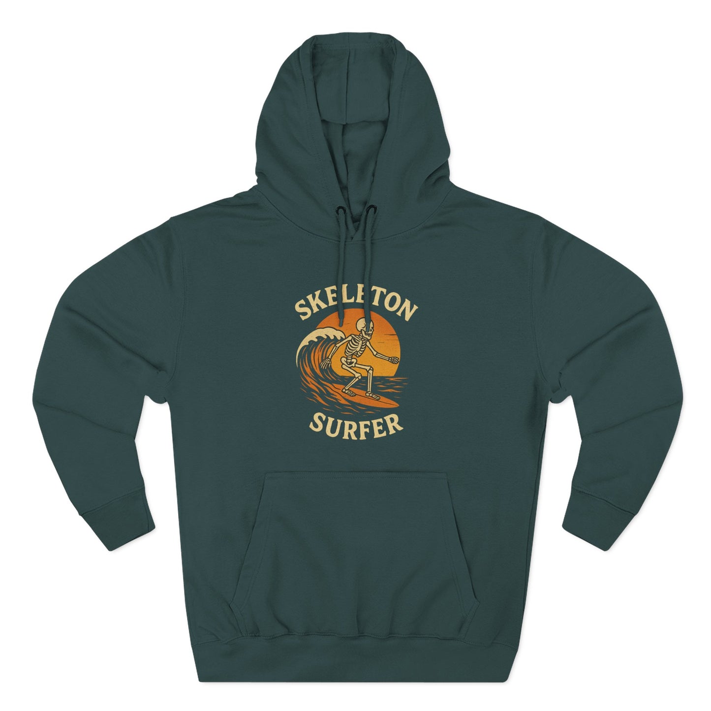Skeleton Surfer Fall and Halloween Fleece Hoodie - Spooky Surfing Sweatshirt, Trick or Treat Costume, Autumn Skeleton Apparel, Scary