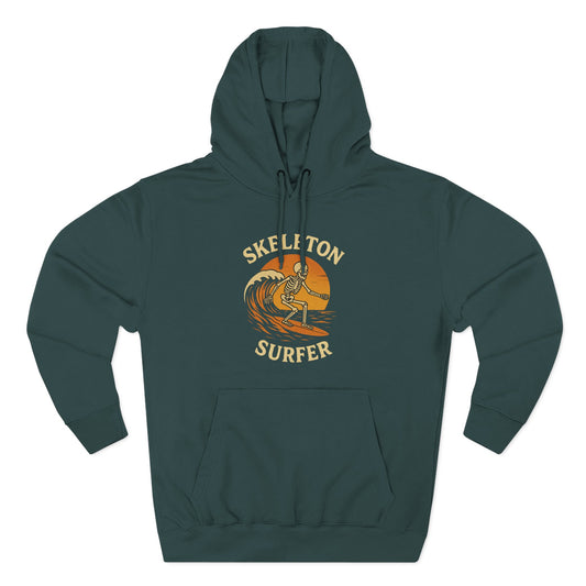 Skeleton Surfer Fall and Halloween Fleece Hoodie - Spooky Surfing Sweatshirt, Trick or Treat Costume, Autumn Skeleton Apparel, Scary
