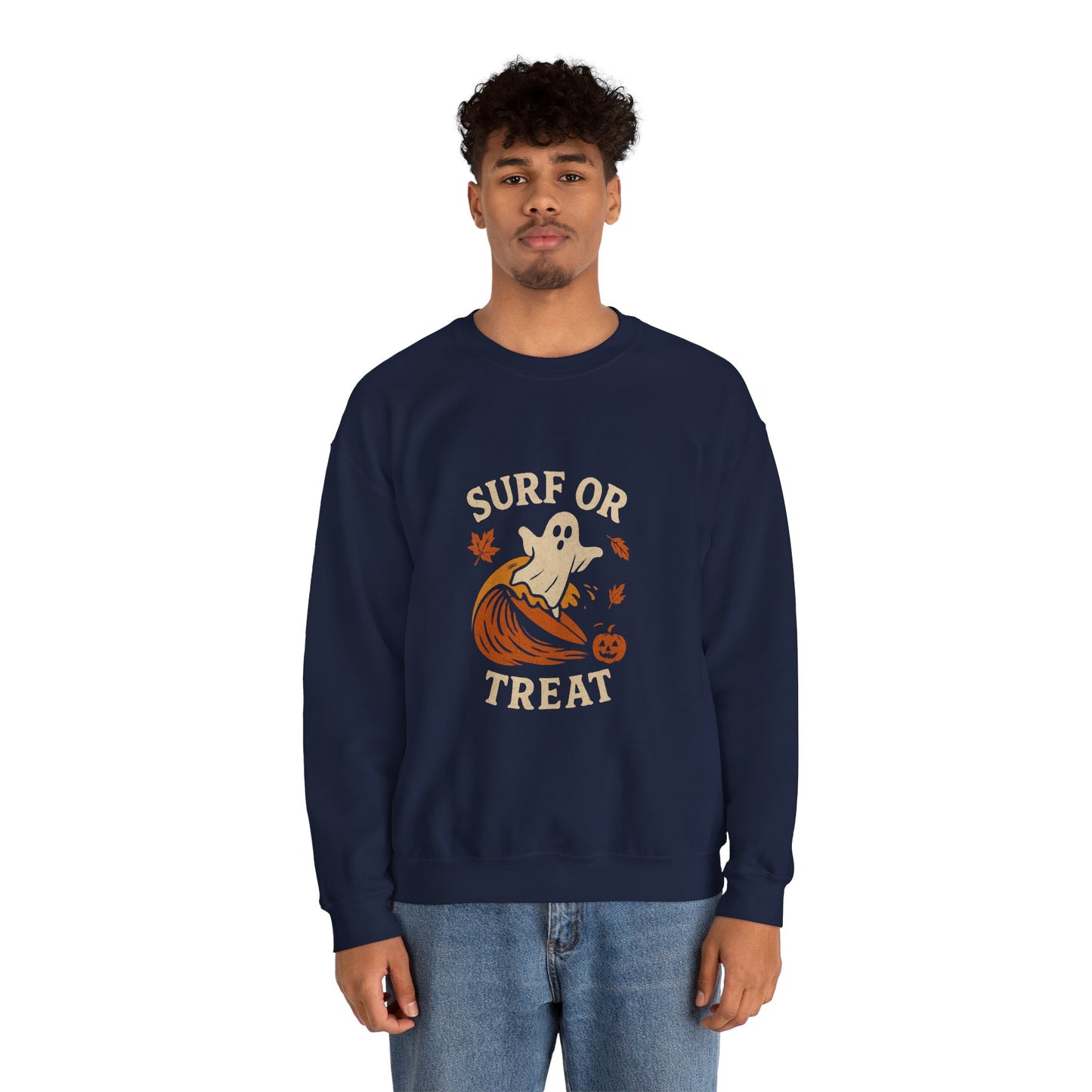 Halloween Ghost Surf Sweatshirt, Cozy Unisex Crewneck, Cute Fall Apparel, Trick or Treat Gift, Spooky Season Outfit
