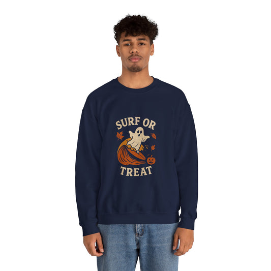 Halloween Ghost Surf Sweatshirt, Cozy Unisex Crewneck, Cute Fall Apparel, Trick or Treat Gift, Spooky Season Outfit