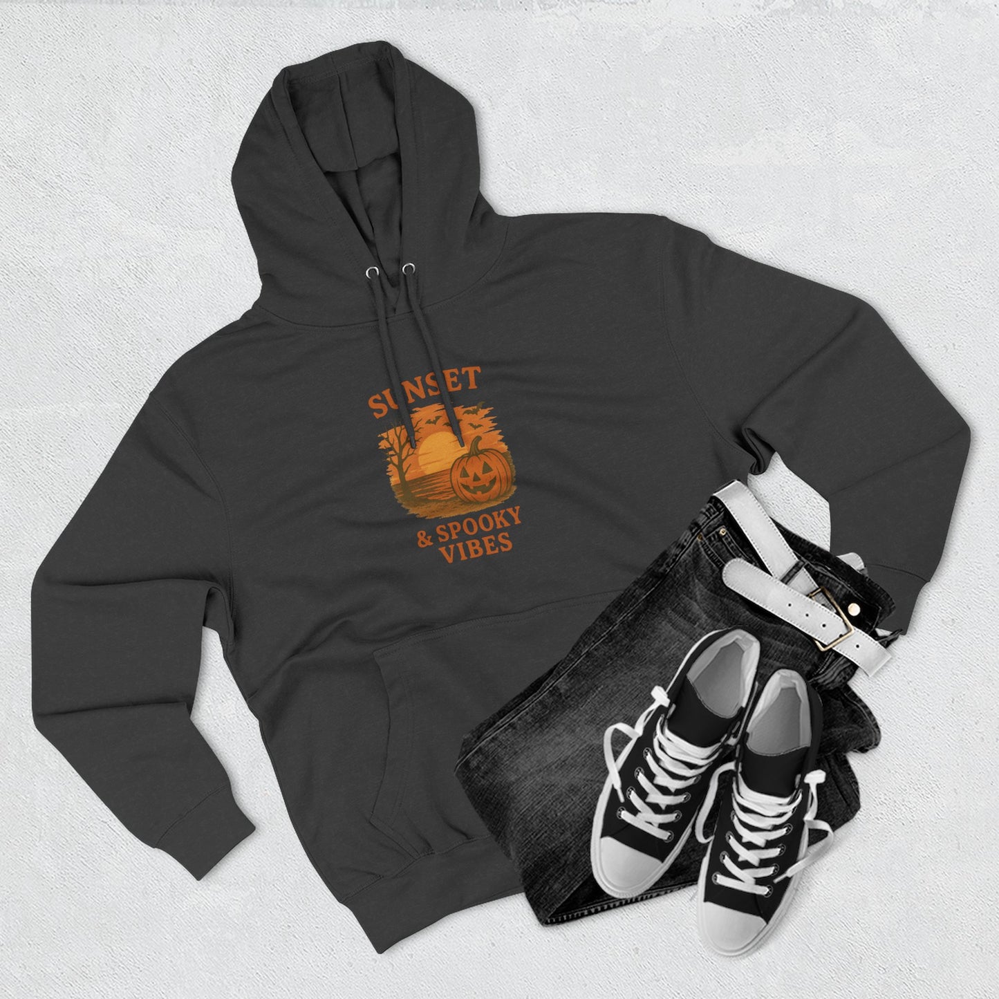 Cozy Halloween Hoodie, Spooky Sunset Fleece Pullover for Fall, Pumpkin Illustrative Sweater, Autumn Gift, Halloween Outfit