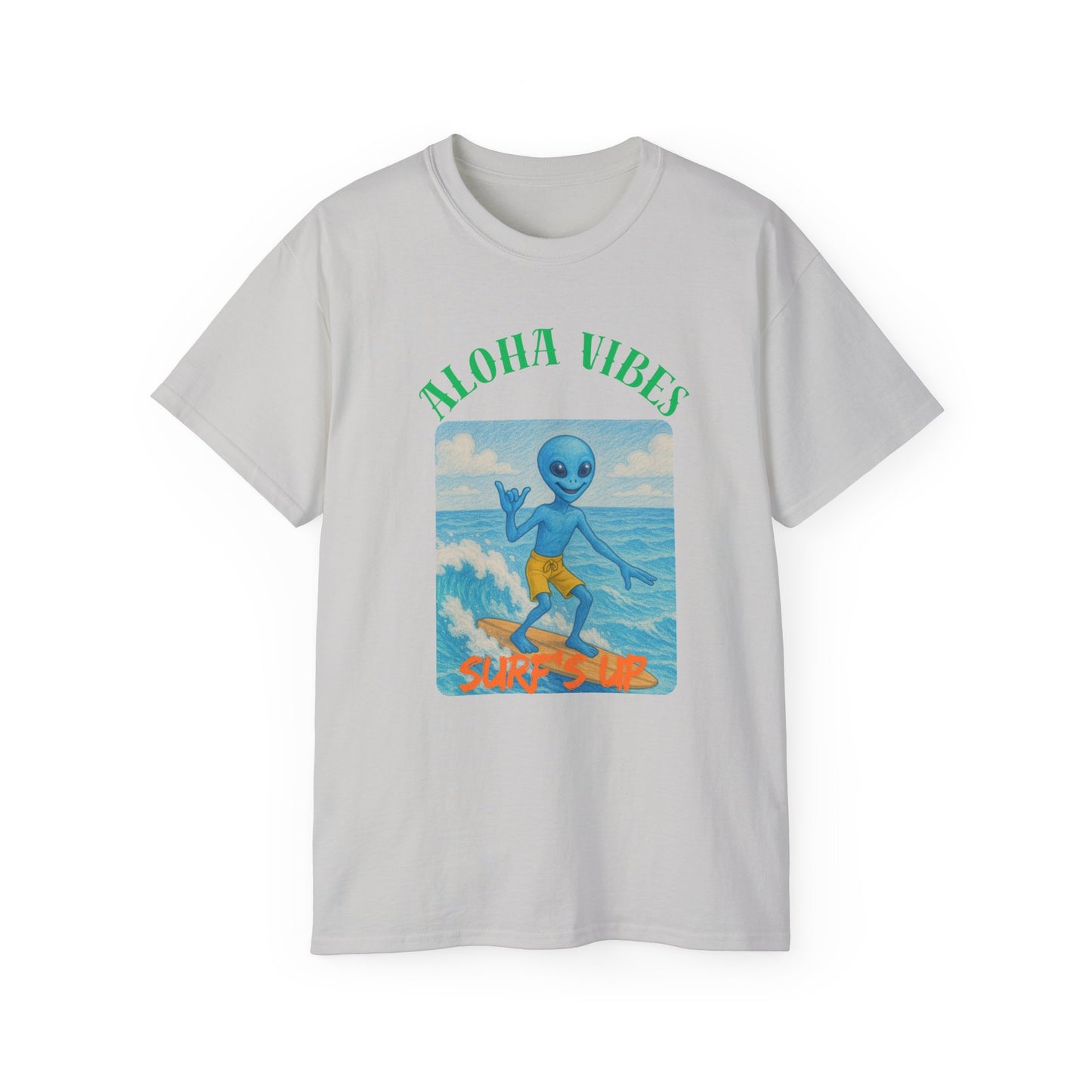Aloha Vibes Alien Surfing T-Shirt, fun tees, silly tees, summer wear, alien theme, aloha