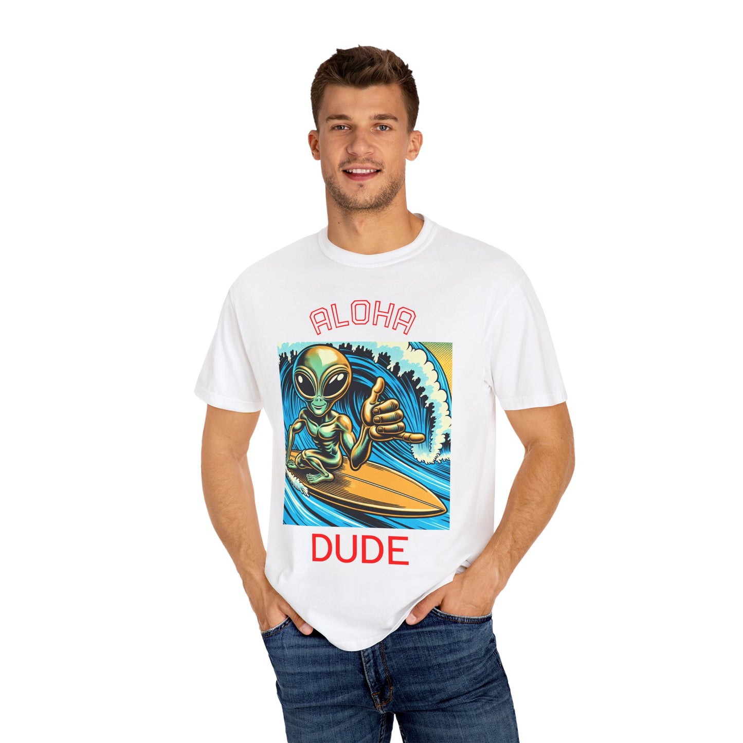 Aloha Dude Alien Surfing T-Shirt, fun tees, silly tees, surfing t-shirts, alien theme