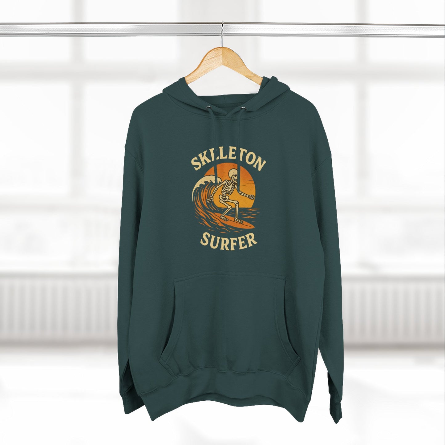 Skeleton Surfer Fall and Halloween Fleece Hoodie - Spooky Surfing Sweatshirt, Trick or Treat Costume, Autumn Skeleton Apparel, Scary