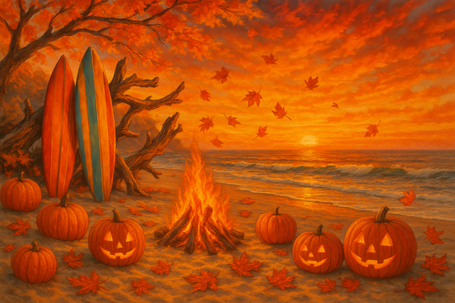 an image with fall colors at the beach with pumpkins, surfboards, bonfire, halloween